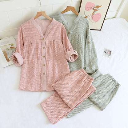 Women's pajama set made of cotton double gauze in check pattern