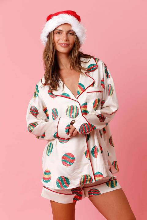 Satin house suit with Christmas motif, two-piece