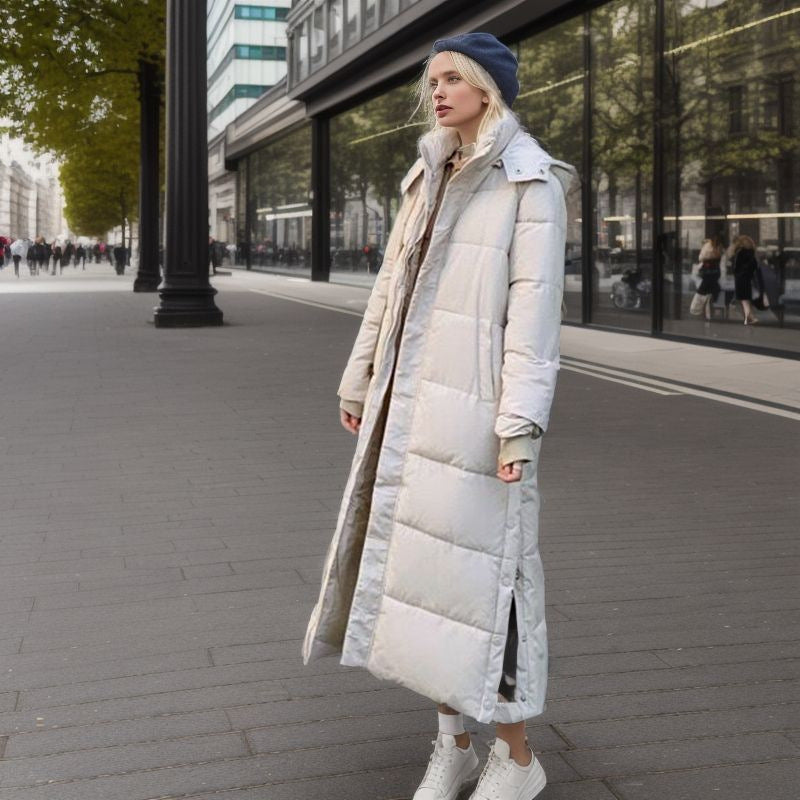 Longer, fitted women's winter coat with hood