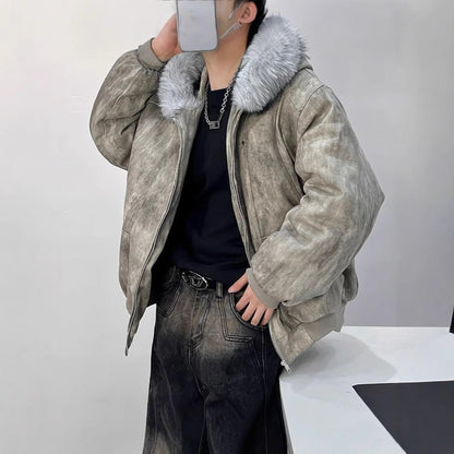 Padded men's winter jacket with hood and faux fur collar