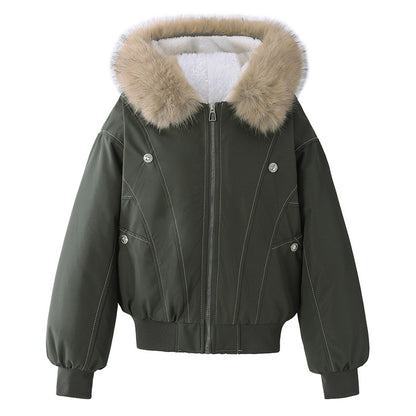 Short women's winter jacket in American style with faux fur
