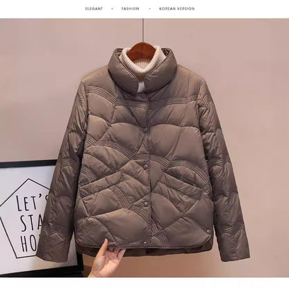 Short women's down jacket with standing collar