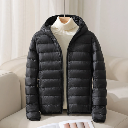 Light women's down jacket, short, with hood