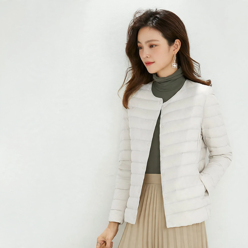 Light women's down jacket, round neck