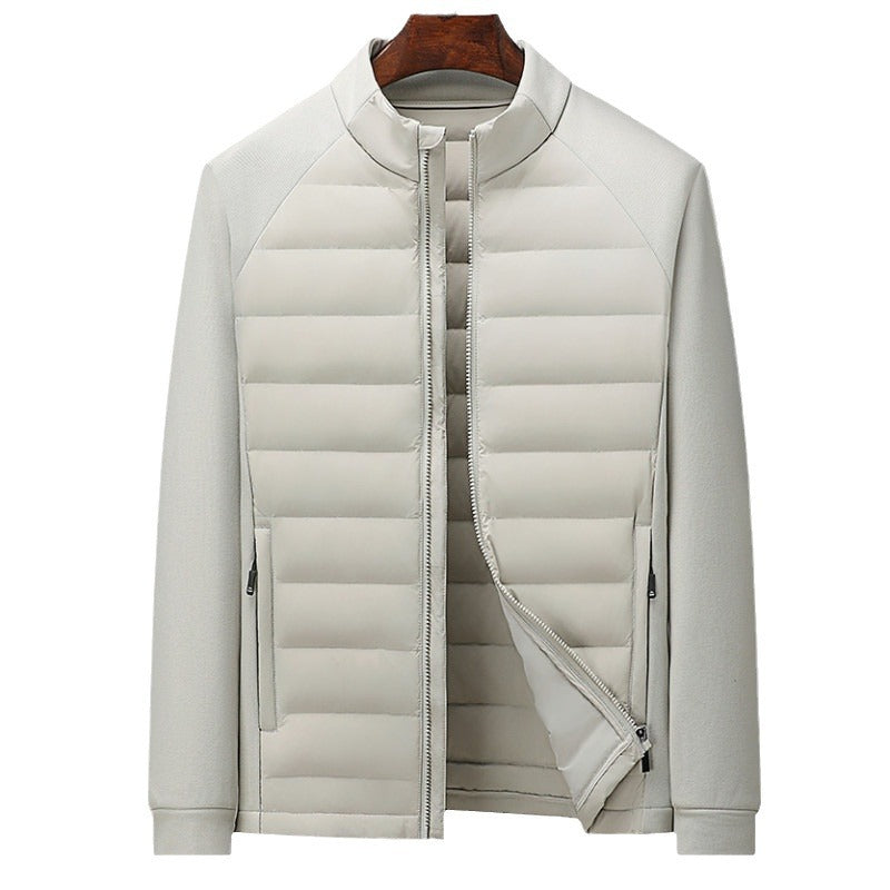 Men's down jacket with knit details and stand-up collar