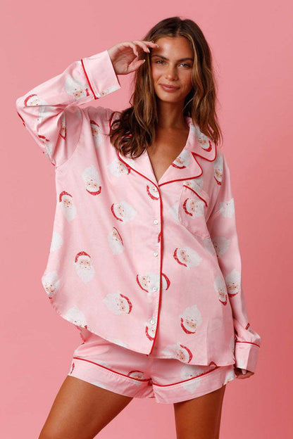 Satin house suit with Christmas motif, two-piece