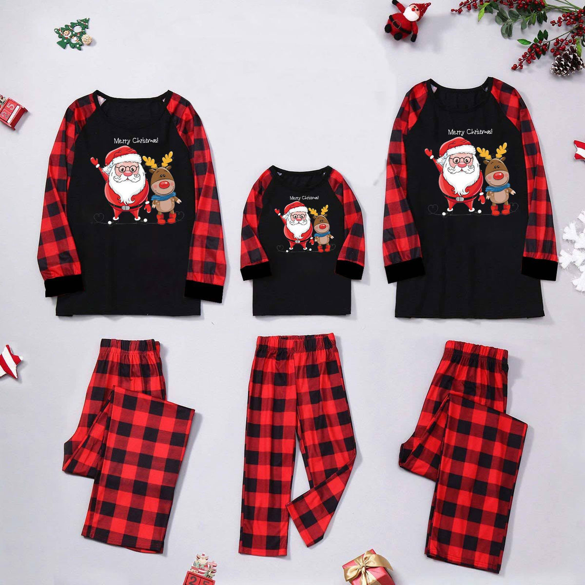 Christmas Pajama Set for the Family, Long Sleeve, Checkered Pattern