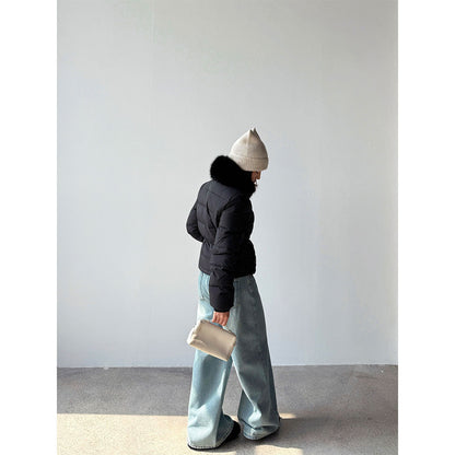 Short down jacket for girls, with removable faux fur collar
