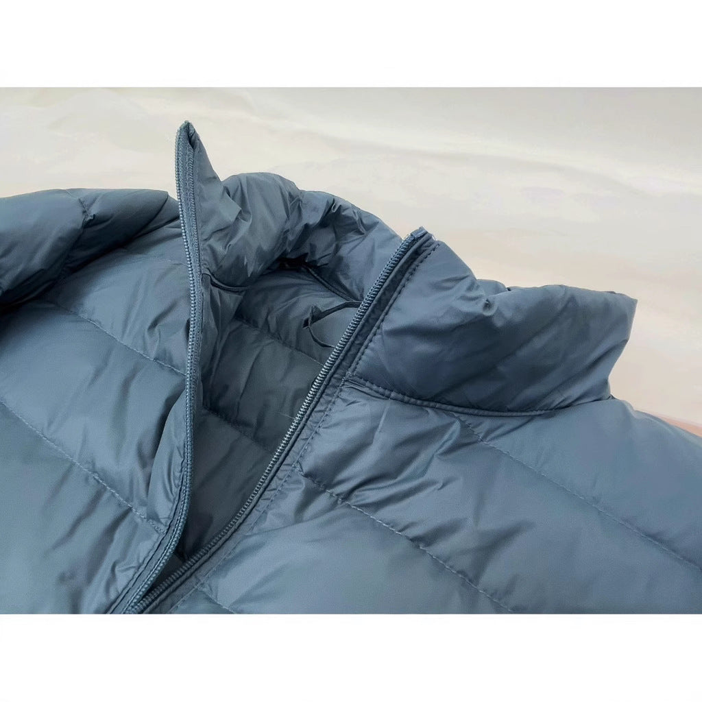 Short, lightweight down jacket with stand-up collar, 90% white duck down