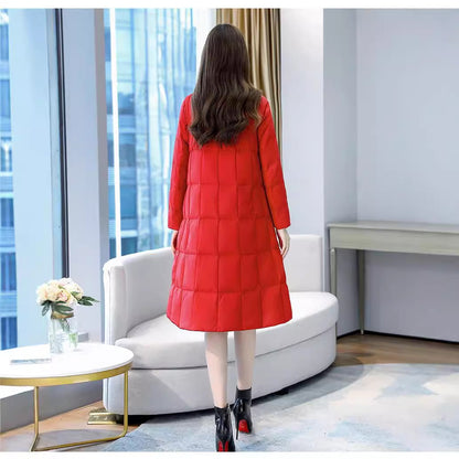 Women's down coat in A-line, mid-length, stand collar
