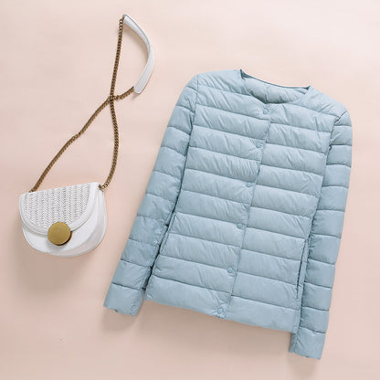 Light women's down jacket, collarless, short