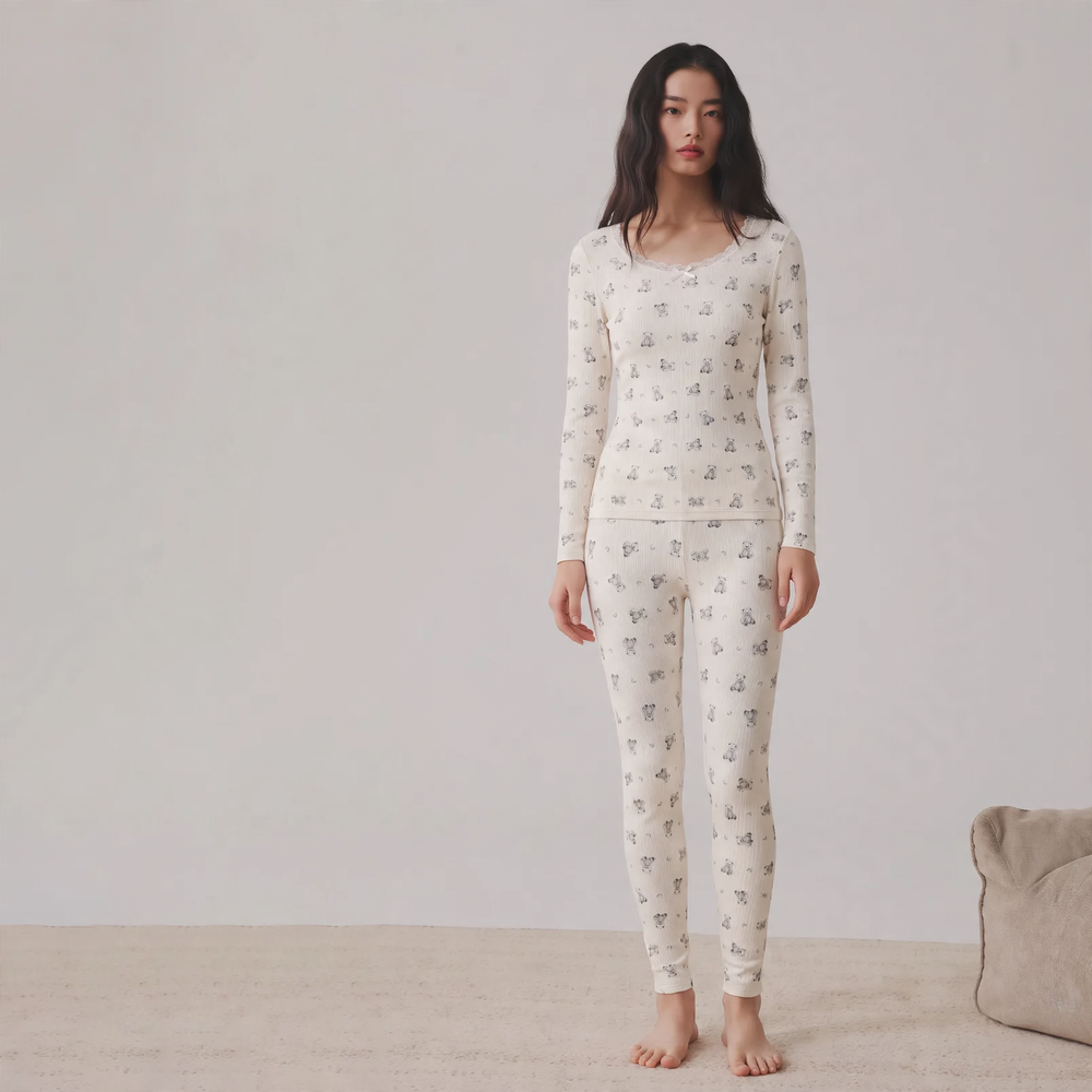 Women's Thermal Set, Cotton, Crew Neck, Printed
