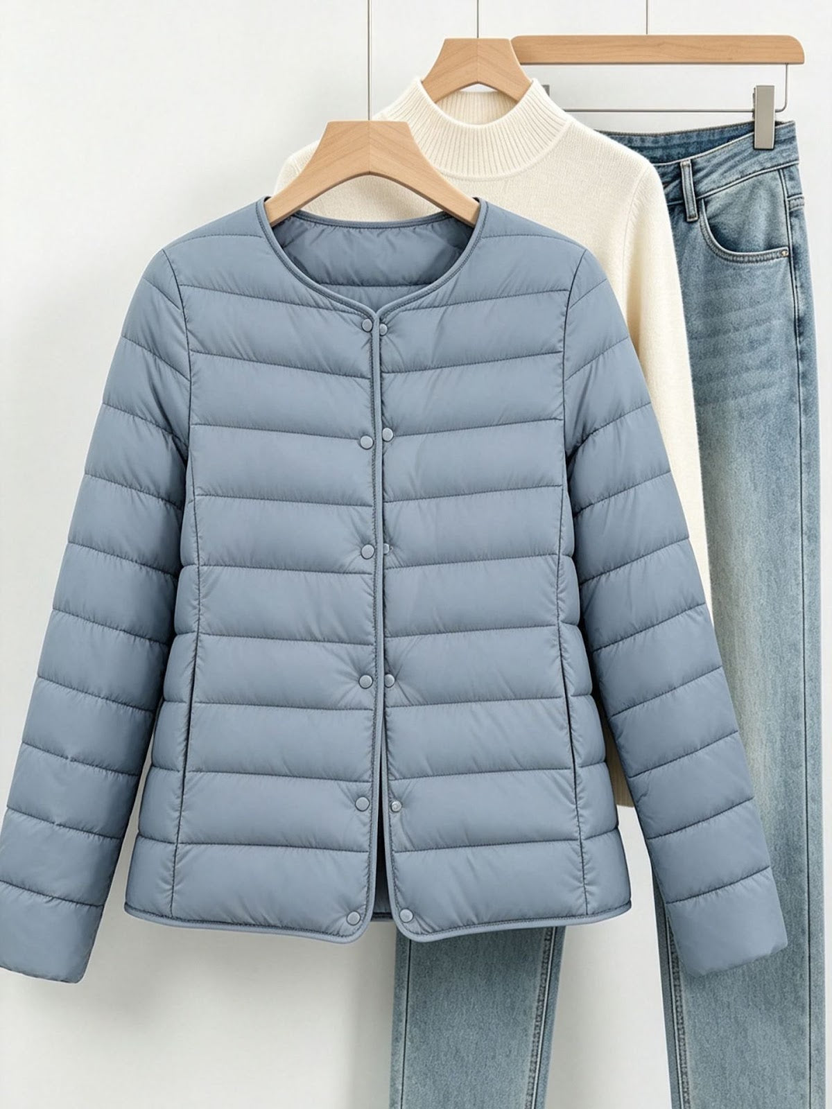 Lightweight, short women's padded jacket without collar