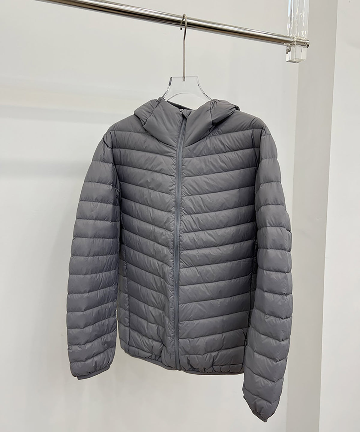 Light men's down jacket, short, with hood