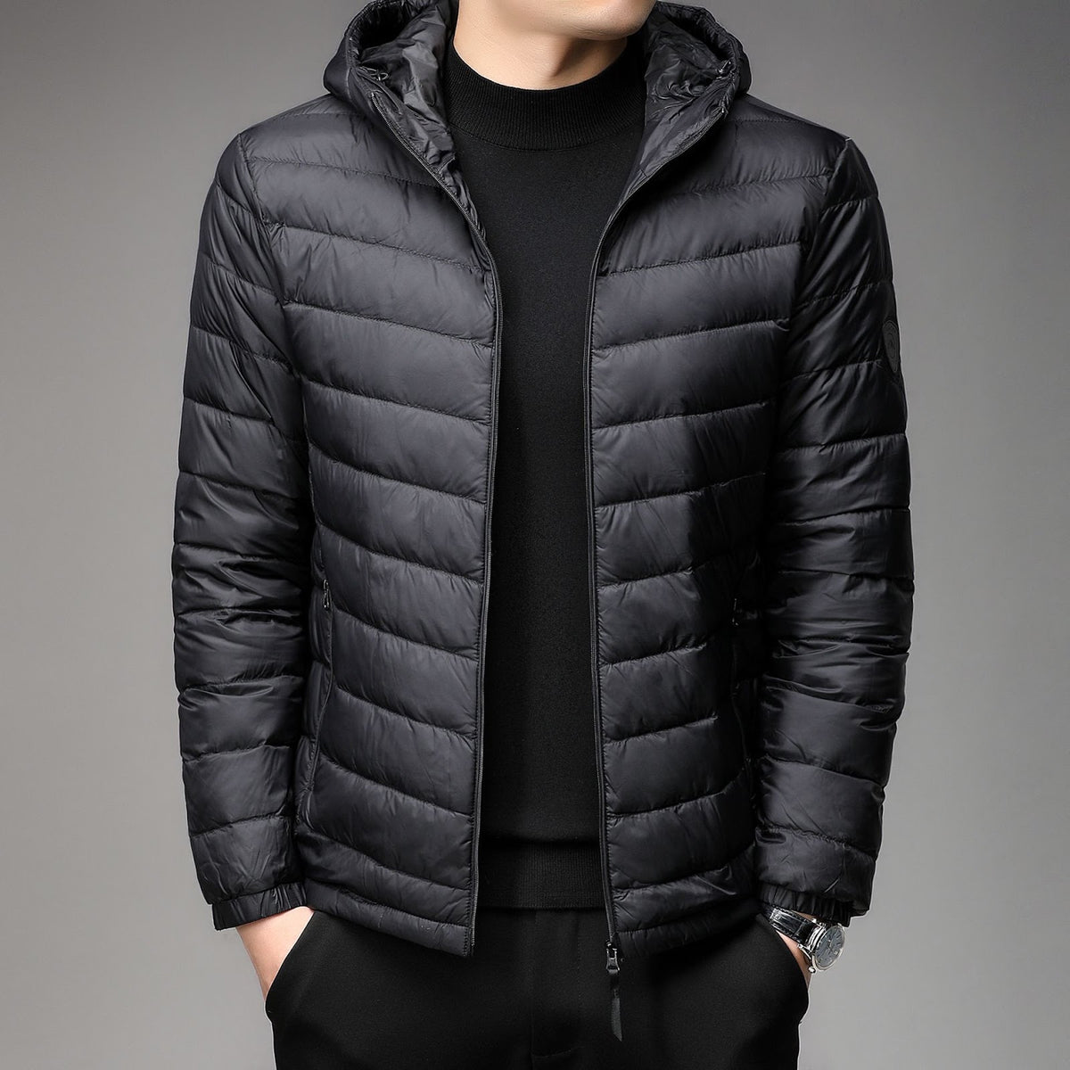 Light men's quilted jacket with stand-up collar