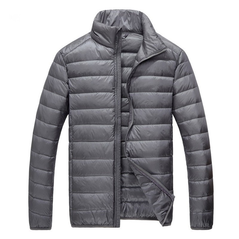 Men's down jacket, lightweight, with storage bag