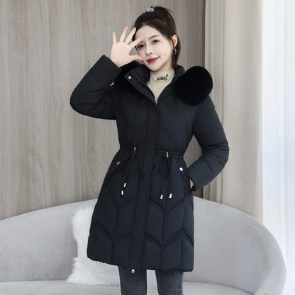 Long women's winter coat with faux fur collar