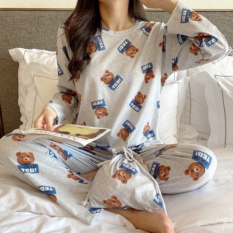 Women's pajama set, long-sleeved with long pants, cartoon design