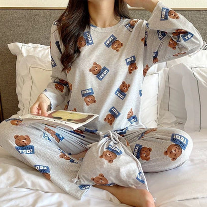 Women's pajama set, long-sleeved with long pants, cartoon design