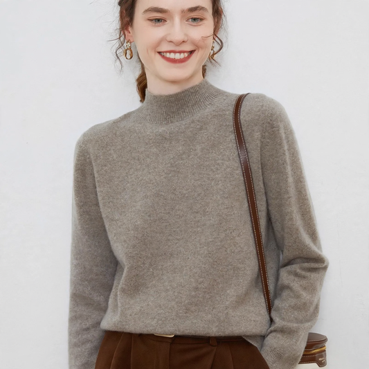 Women’s wool sweater, stand-up collar, ribbed knit, loose fit
