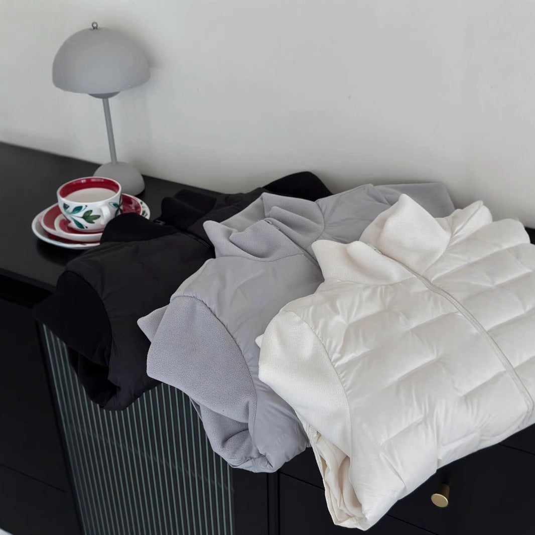 Light down jacket with fleece inserts and stand-up collar