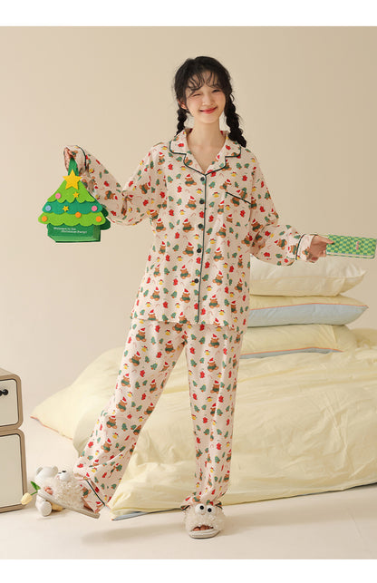 Women's cotton pajamas, long-sleeved, with shawl collar