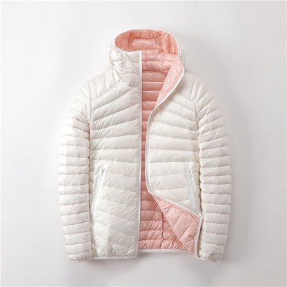 Reversible women's down jacket with hood, lightweight and short