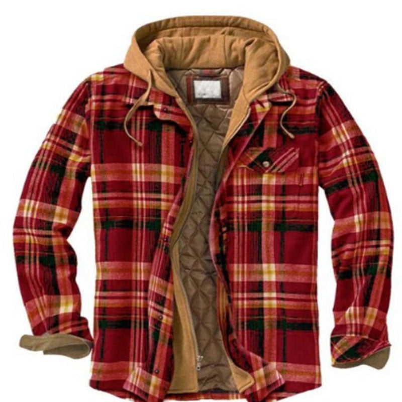 Men's shirt jacket, padded, checkered, with hood