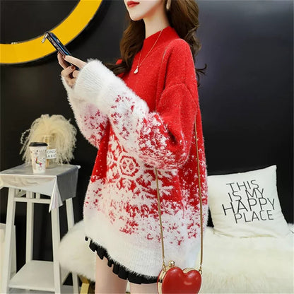 Knit sweater with stand-up collar, snowflake pattern