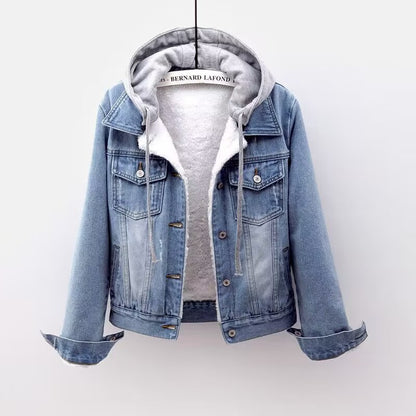 Short denim jacket for women with warm interior lining