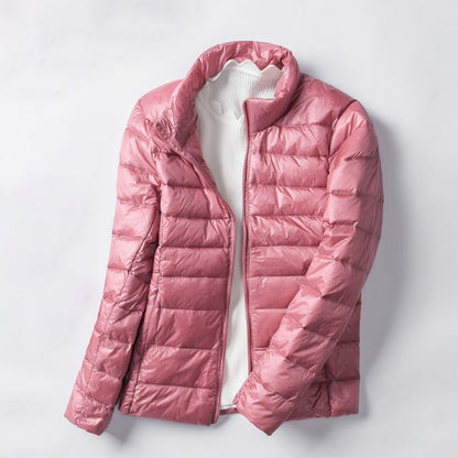 Women's down jacket, short, stand collar, fitted, with duck down
