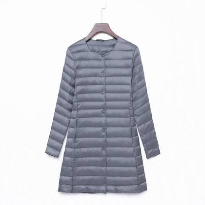 Light women's down jacket, mid-length, with button placket
