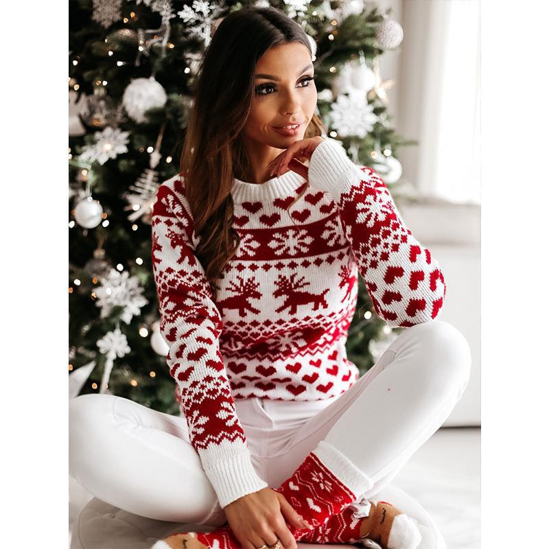 Women's Christmas sweater, reindeer motif, round neckline