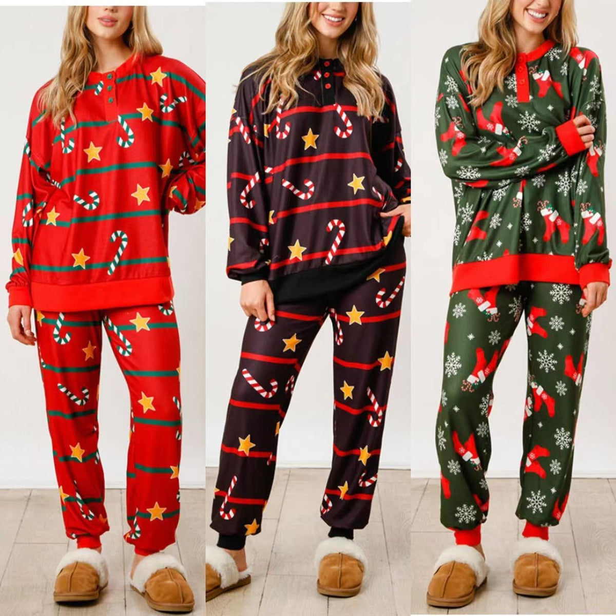 Women's house suit, long-sleeved, with button placket and print