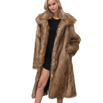 Long women's faux fur coat with square neckline