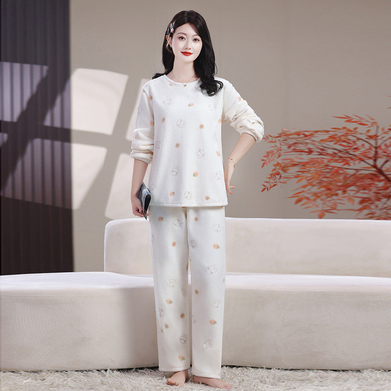 Women's Pajama Set, Flannel and Coral Fleece, warm and loose