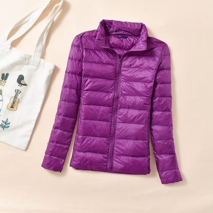 Women's down jacket, short, stand-up collar, fitted, with duck down