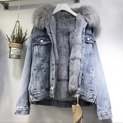 Short denim jacket for women with warm interior lining