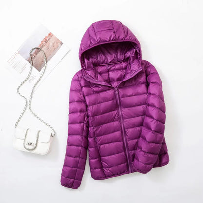 Light women's down jacket with hood, slim fit