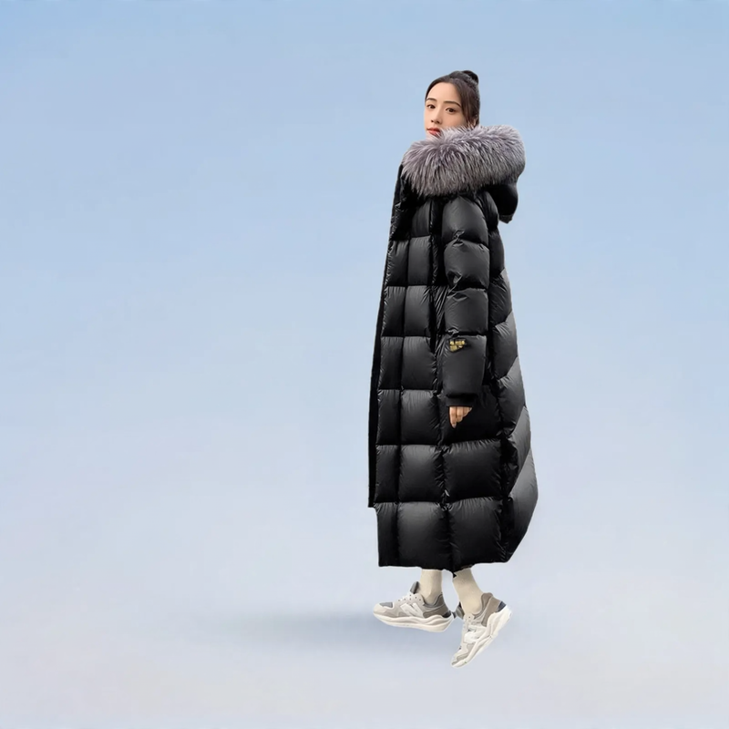 Long women's down coat with fox fur collar