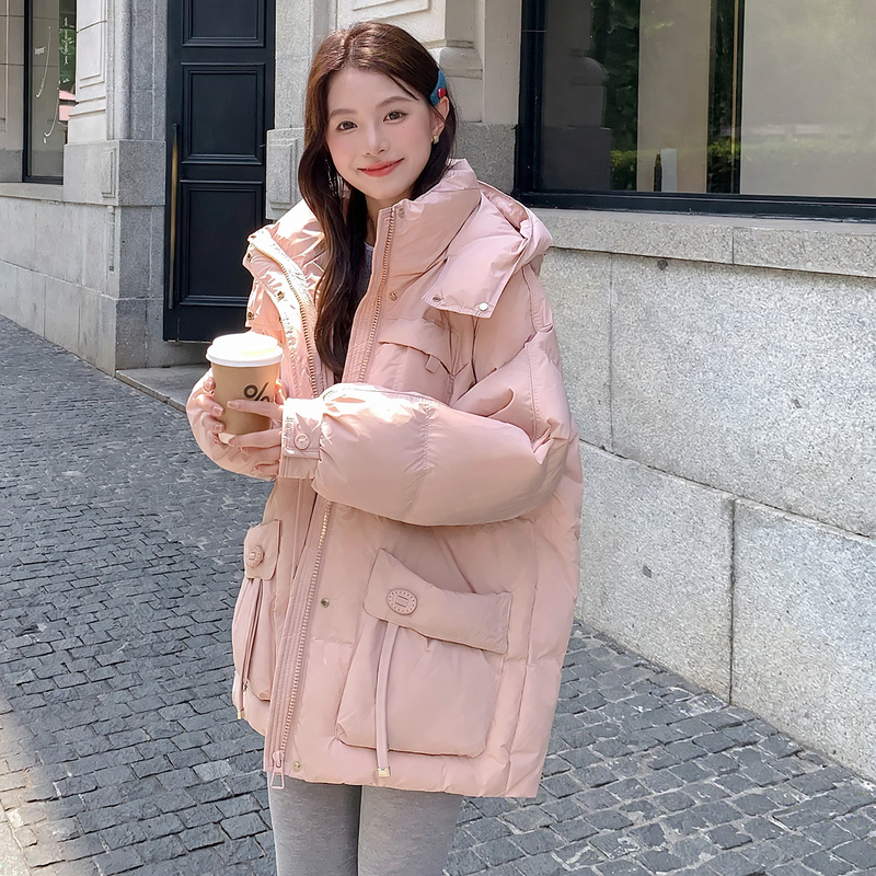 Mid-length down coat in plus size with hood