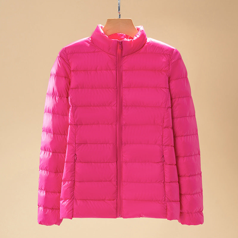 Short women's down jacket with standing collar