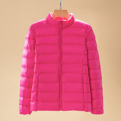Short women's down jacket with stand-up collar