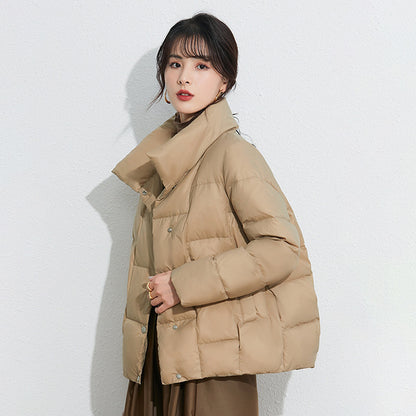Light women's down jacket, short, stand-up collar