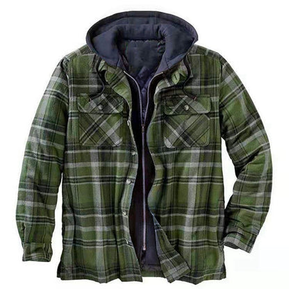 Men's shirt jacket, padded, checkered, with hood