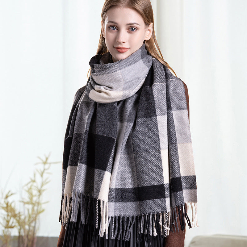 Wool scarf, checked, 200x65cm, long