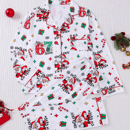 Women’s Pajama Set, Long Sleeve, Christmas Motif, Notched Collar
