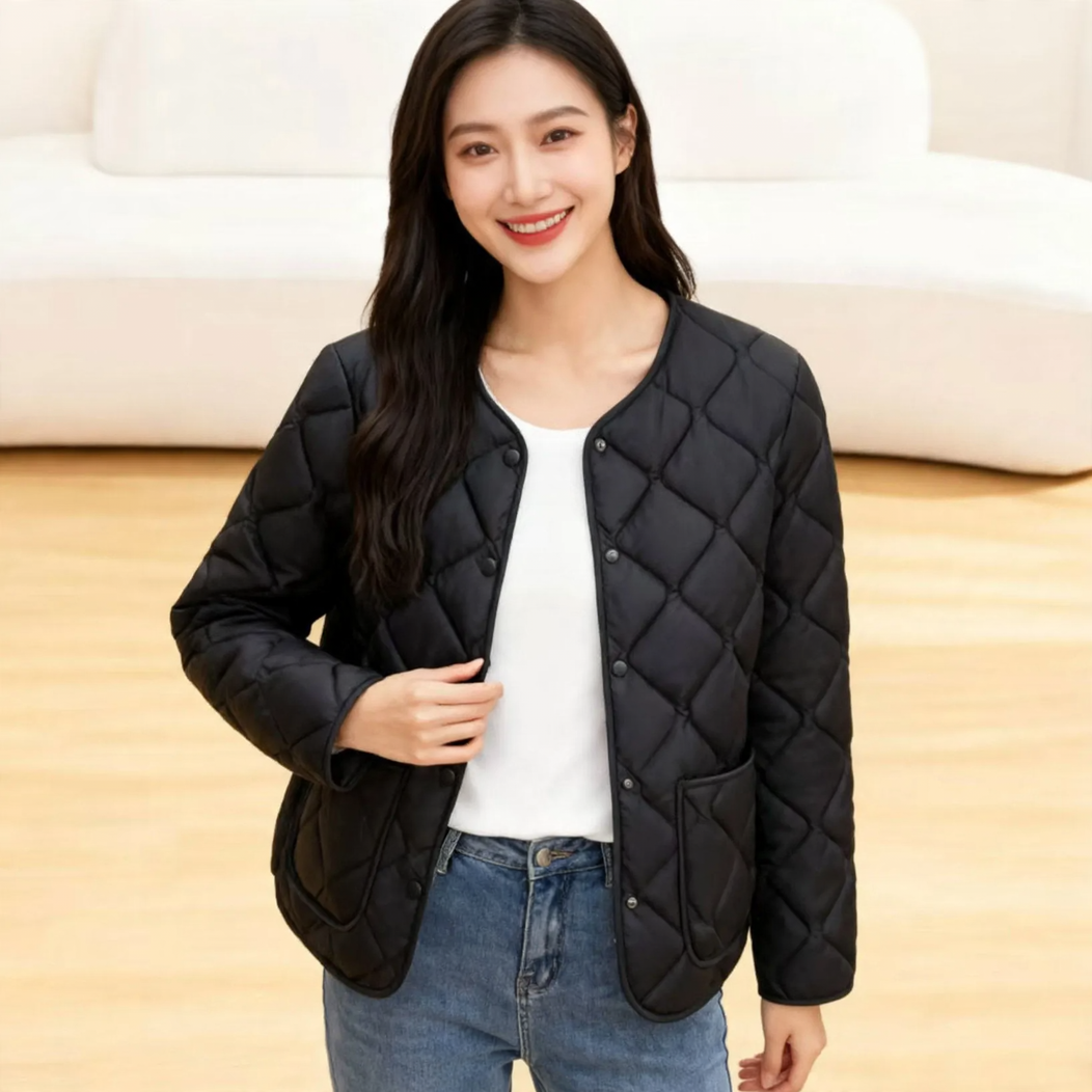 Women’s quilted jacket, lightweight, fitted, with V-neck