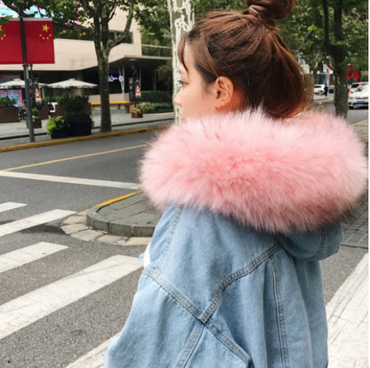 Padded women's jeans jacket with fur collar, short