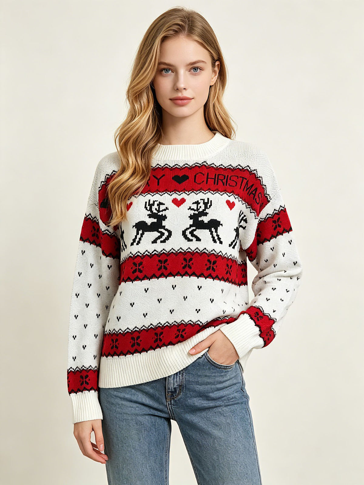 Loose Women's Christmas Sweater with Reindeer Jacquard